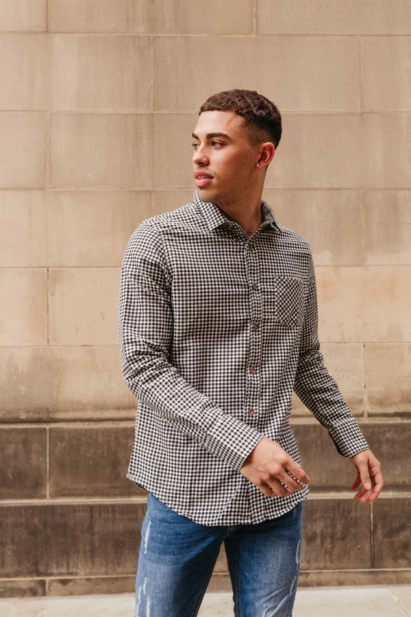 Mens Black Long Sleeve Gingham Shirt