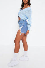 Blue Cable Knit Cropped Button Cardigan