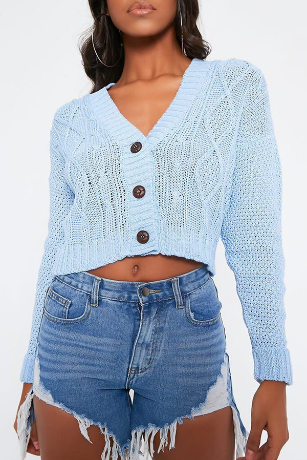 Blue Cable Knit Cropped Button Cardigan