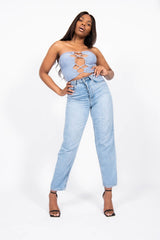 Blue Front Knot Crop Bandeau Top