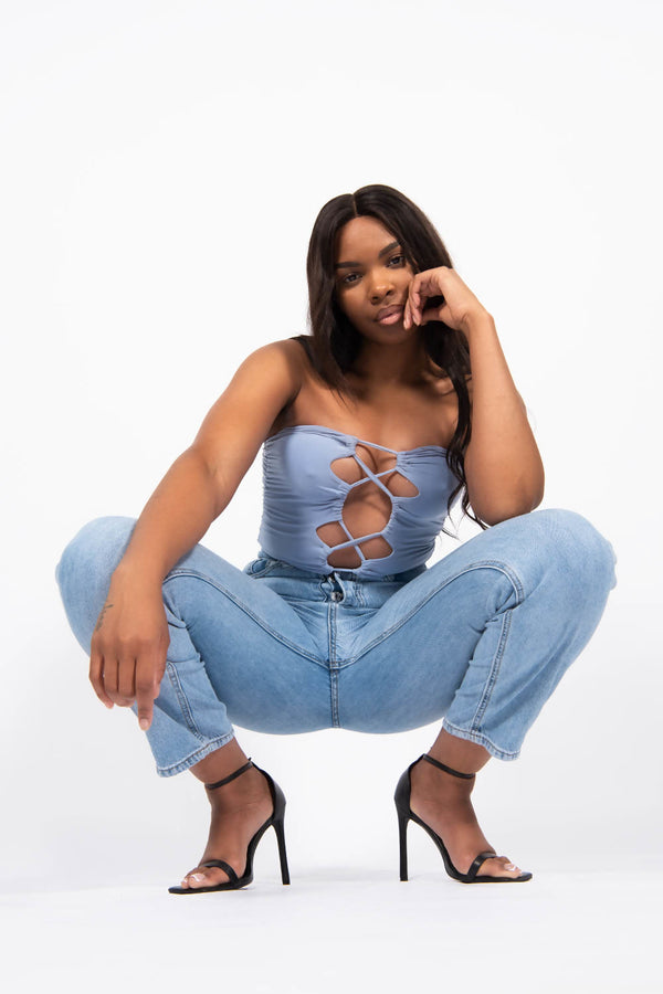 Blue Front Knot Crop Bandeau Top