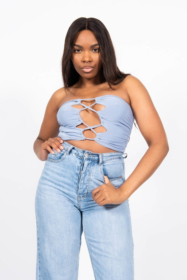Blue Front Knot Crop Bandeau Top
