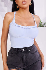 Blue Ruched Criss Cross Back Crop Top