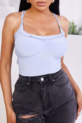 Blue Ruched Criss Cross Back Crop Top