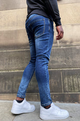 Blue Skinny Jeans with Raw Hem and Knee Rip 
