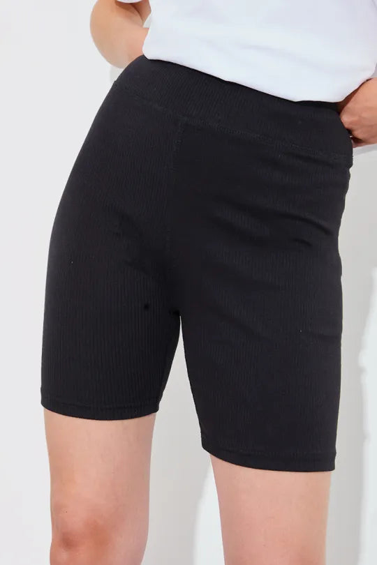 Black Ribbed Slinky High Waisted Cycling Short