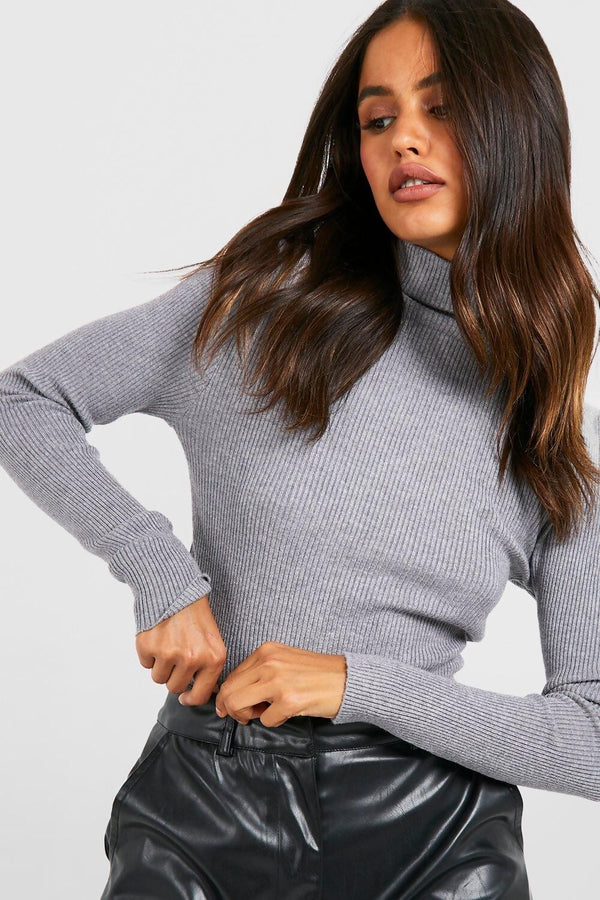 Grey Ribbed Turtleneck Jumper