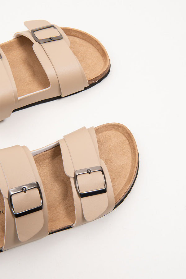 Mens Beige Buckle Strap Slip On Sandals
