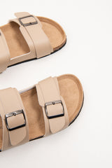 Mens Beige Buckle Strap Slip On Sandals