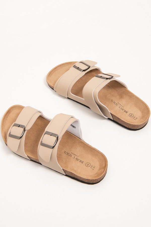 Mens Beige Buckle Strap Slip On Sandals