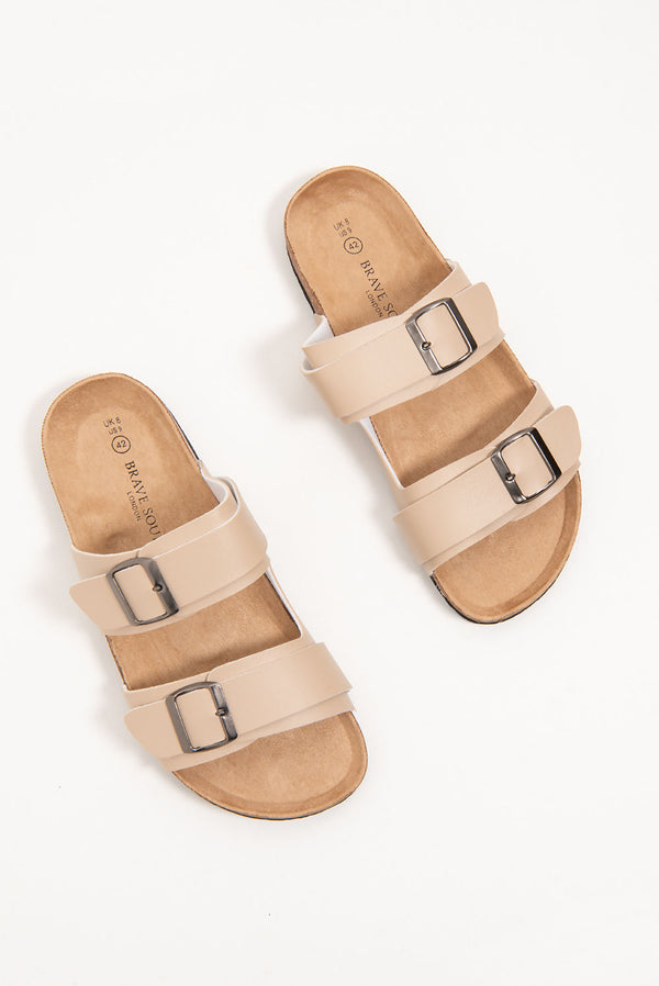 Mens Beige Buckle Strap Slip On Sandals