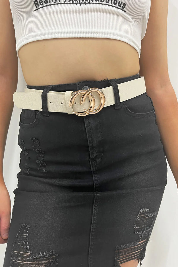 Beige CC Gold Buckle PU Belt