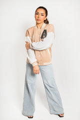 Beige Contrast Sleeve Letter A Varsity Jacket