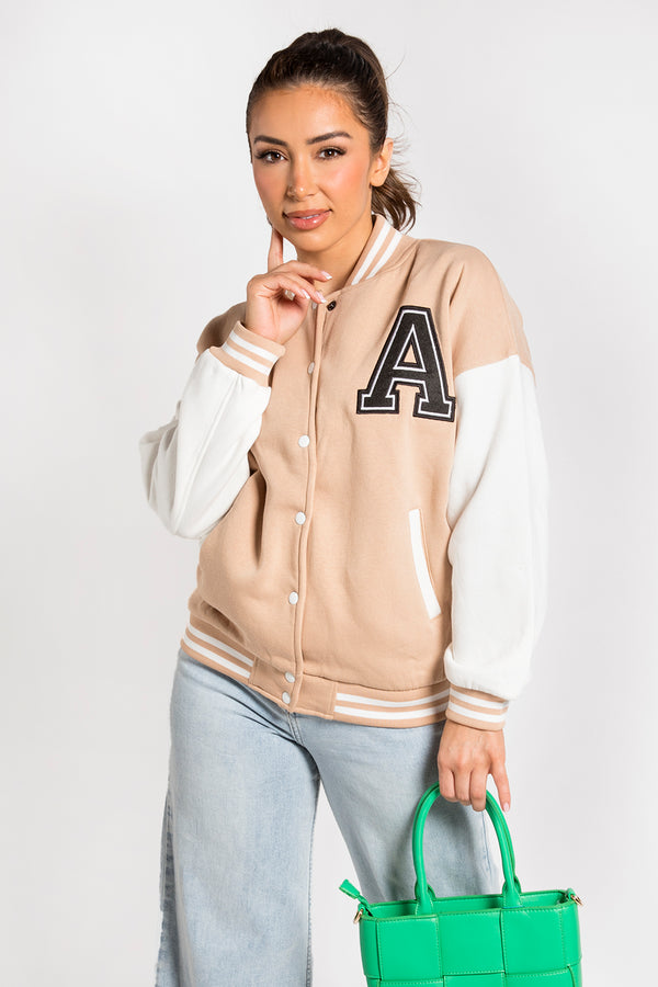 Beige Contrast Sleeve Letter A Varsity Jacket