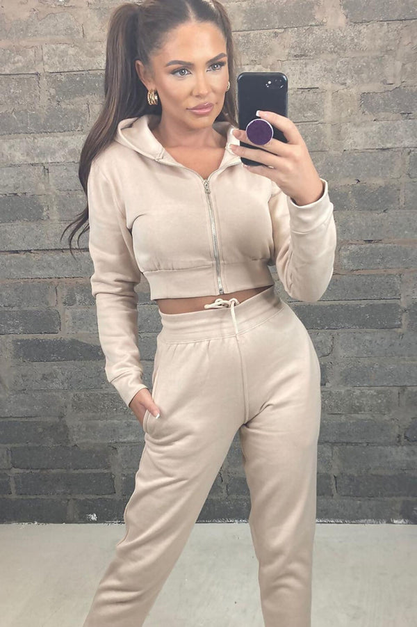 Beige Cropped Hoodie And Joggers Co-Ord