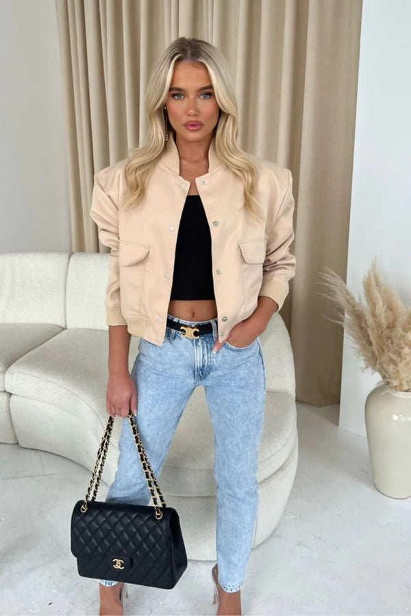 Beige Cropped Long Sleeve Bomber Jacket