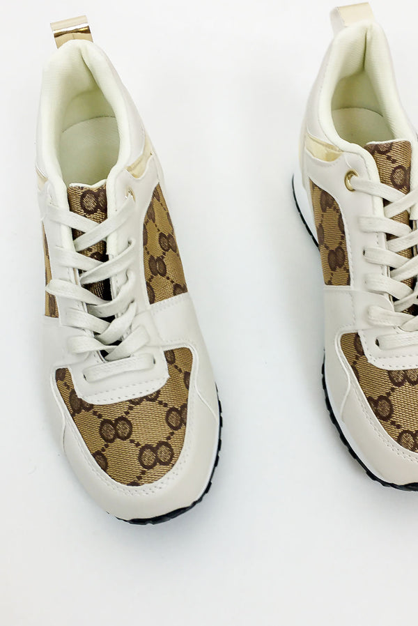 Beige Printed Panel Faux Leather Glitter Trainers