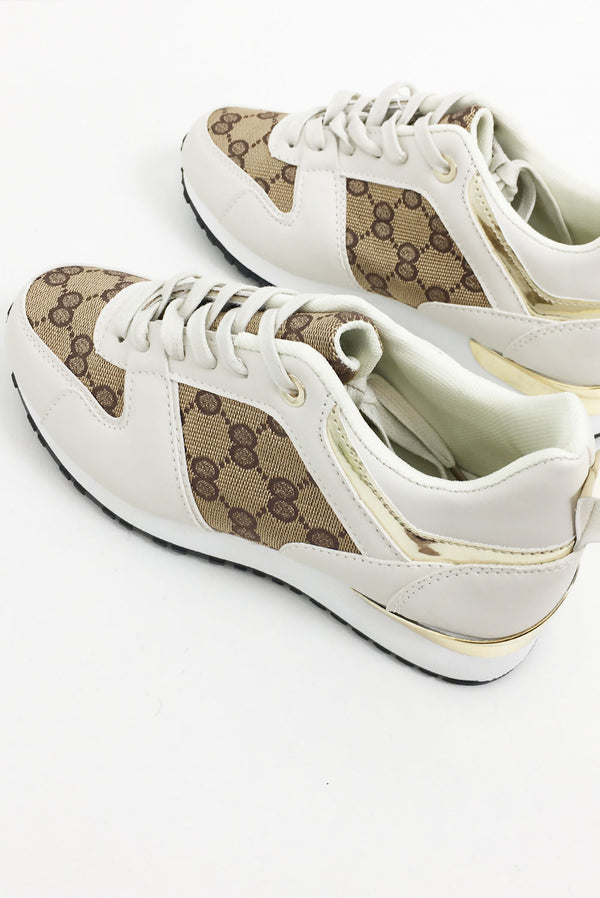 Beige Printed Panel Faux Leather Glitter Trainers