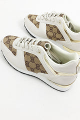 Beige Printed Panel Faux Leather Glitter Trainers