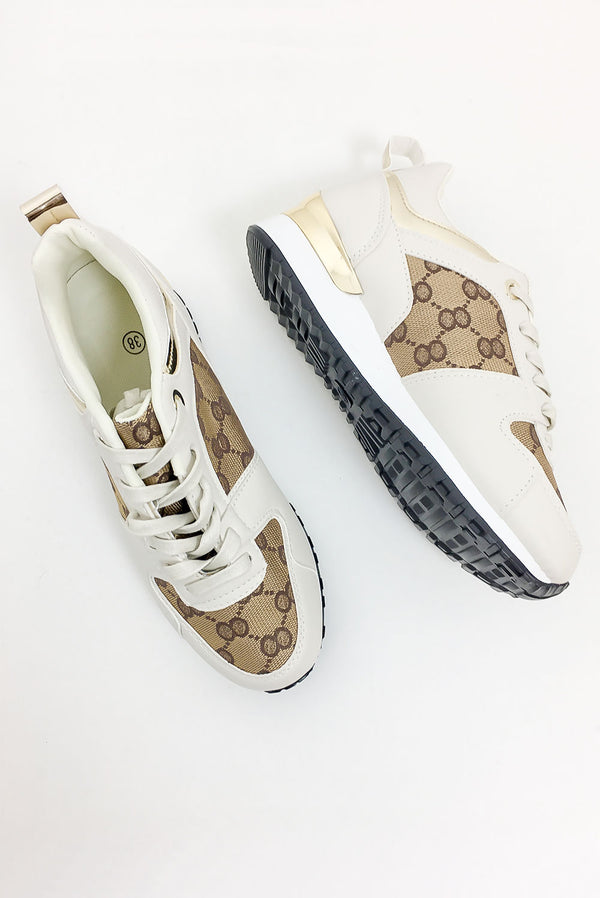 Beige Printed Panel Faux Leather Glitter Trainers