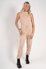 Beige Ribbed Sleeveless Tie Waist Jumpsuit