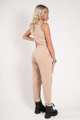 Beige Ribbed Sleeveless Tie Waist Jumpsuit