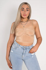 Beige Ruched Strappy Crop Top