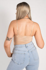 Beige Ruched Strappy Crop Top