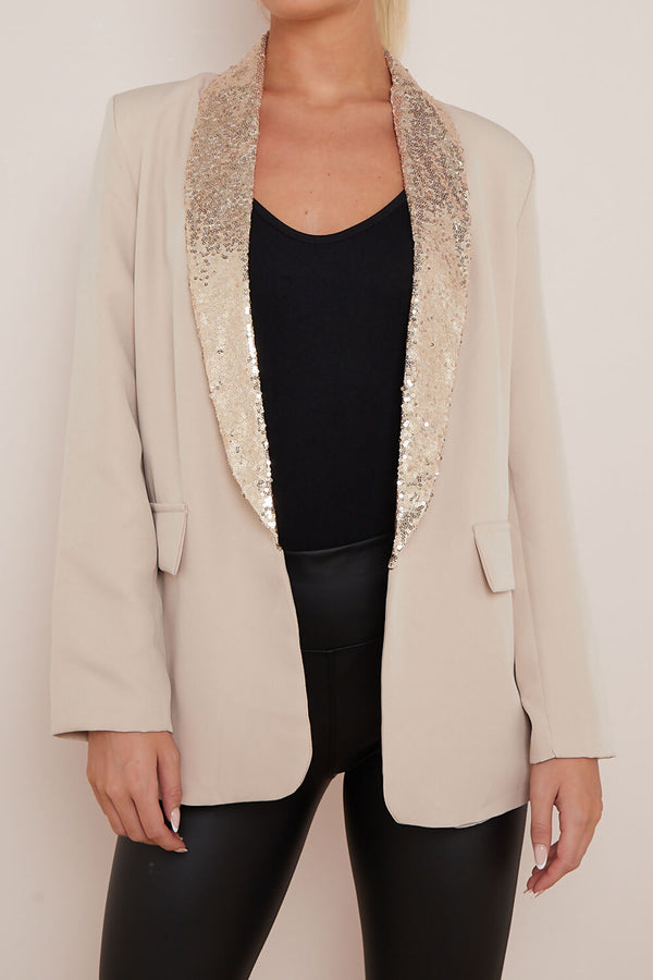 Beige Sequin Lapel Collar Blazer