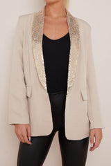 Beige Sequin Lapel Collar Blazer