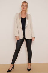 Beige Sequin Lapel Collar Blazer