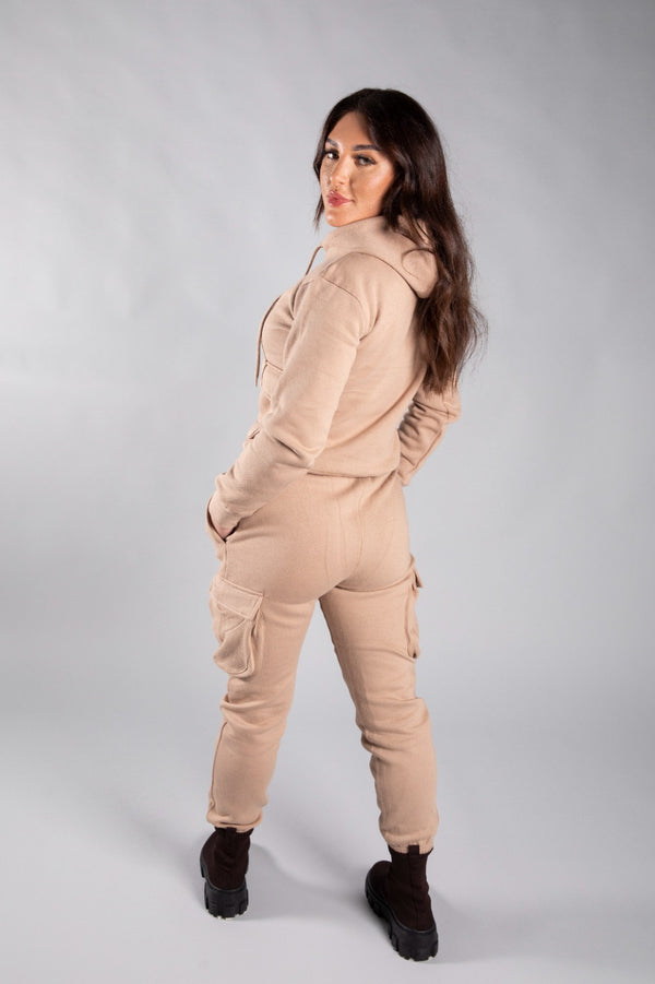 Beige Cargo Hoodie And Joggers Co-Ord 