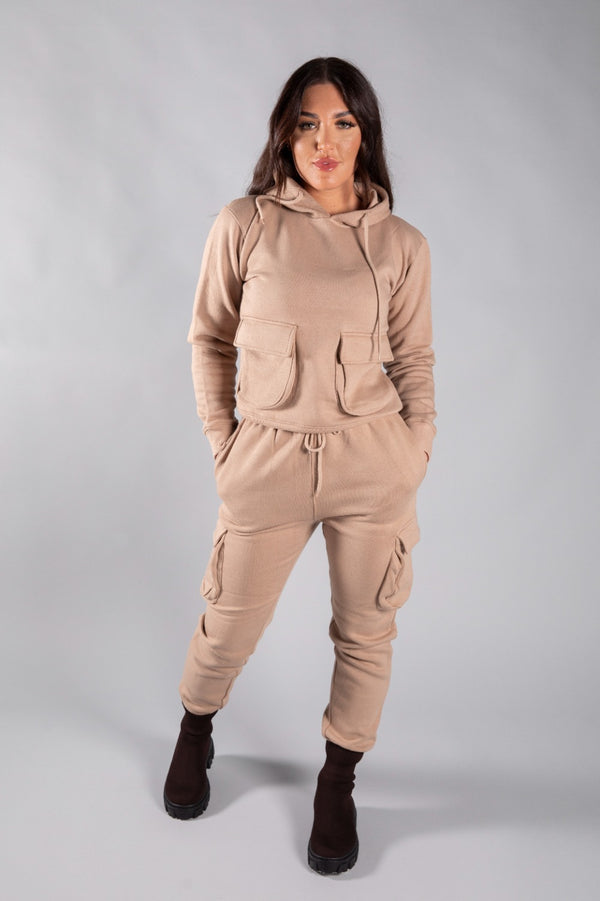 Beige Cargo Hoodie And Joggers Co-Ord 