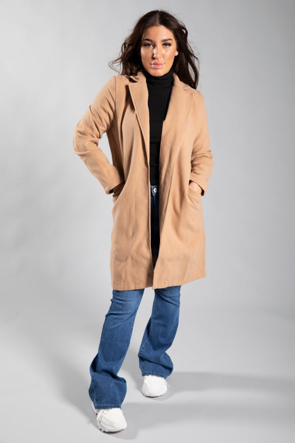 Beige Mid Length Collared Duster Jacket 