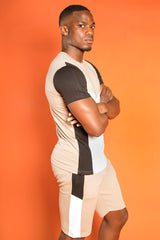 Mens Beige Colourblock T-Shirt And Shorts Set