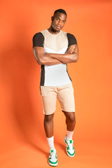 Mens Beige Colourblock T-Shirt And Shorts Set