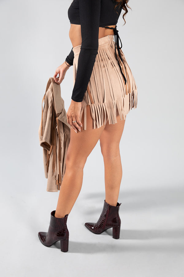 Beige Fringe Suede Mini Skirt 
