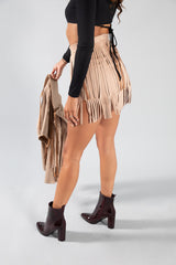 Beige Fringe Suede Mini Skirt 