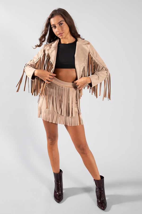 Beige Fringe Suede Mini Skirt 