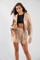 Beige Fringe Suede Mini Skirt 