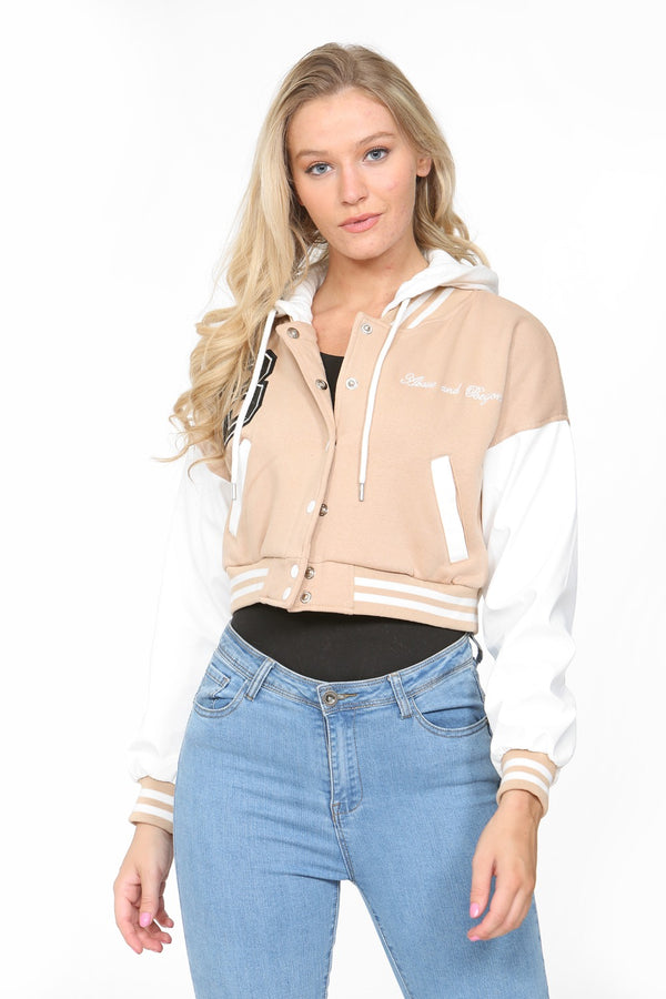 Beige Hooded Contrast Sleeve Letter A Varsity Jacket