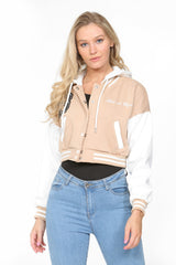 Beige Hooded Contrast Sleeve Letter A Varsity Jacket