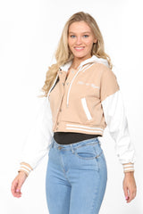 Beige Hooded Contrast Sleeve Letter A Varsity Jacket
