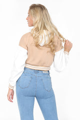 Beige Hooded Contrast Sleeve Letter A Varsity Jacket