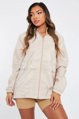 Beige Hooded Shell Zip Up Windbreaker 