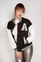 Black Contrast Sleeve Letter A Varsity Jacket