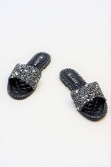 Black Embellished Slip On Sandals
