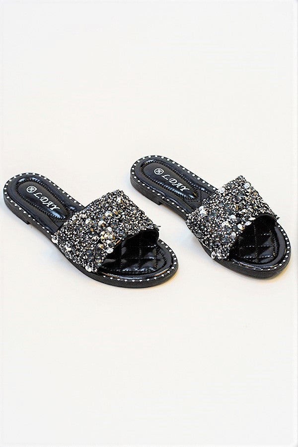 Black Embellished Slip On Sandals