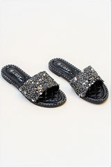 Black Embellished Slip On Sandals