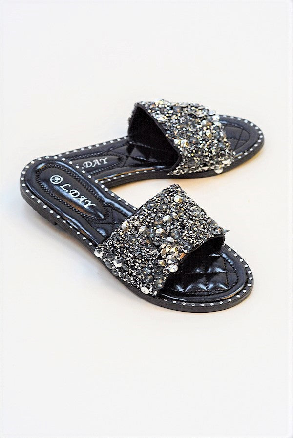 Black Embellished Slip On Sandals